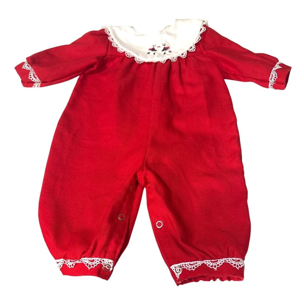 Vintage Goodlad 6-9‎ m Red Lace-Trimmed Baby Romper With Embroidered Collar